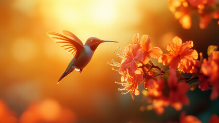 Obraz premium A hummingbird hovers close to vibrant flowers