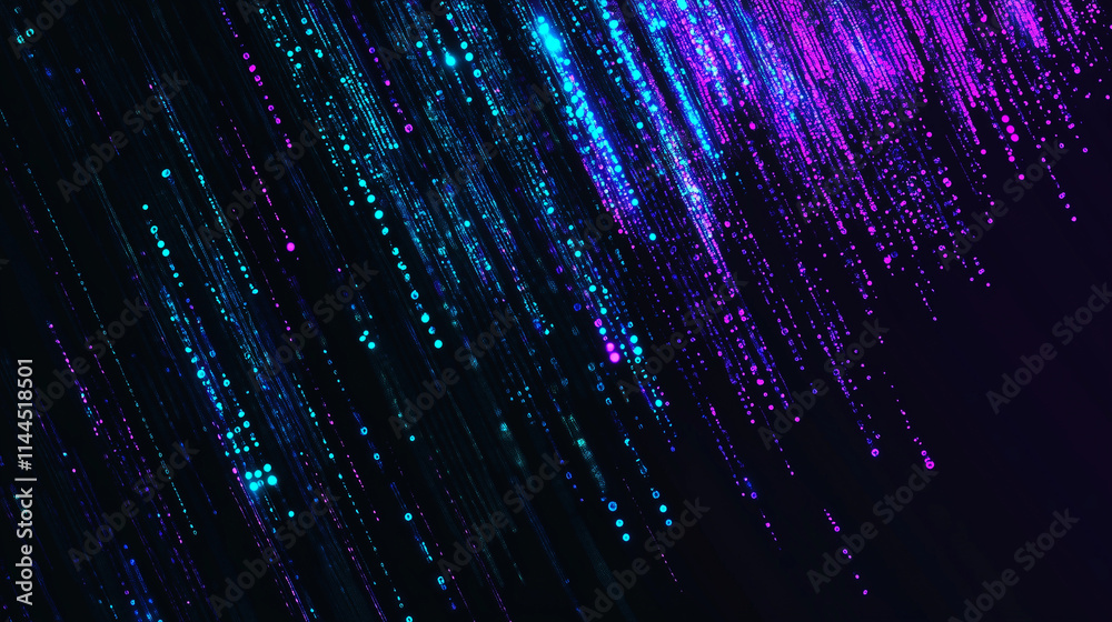 Poster Abstract digital art: Glowing blue and purple data stream on a dark background. Futuristic technology concept with neon light effects. Big data visualization, AI, machine learning, and quantum computi