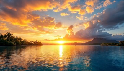 Naklejka premium A stunning panoramic view of a tropical sunset over a calm, expansive body of water