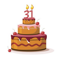Thirty one year anniversary. Vector birthday cake. Holiday cake with candle.  Big chocolate cake. 