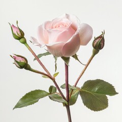 A light pink rose with three rosebuds against a white background
