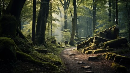 Obraz premium A forest trail with hard light, space on the left for design or text,generative ai illustration