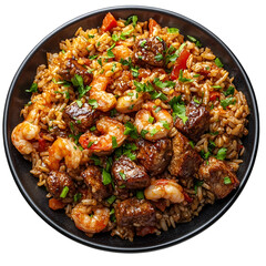 Top view of jambalaya on a dark ceramic plate isolated on a white transparent background