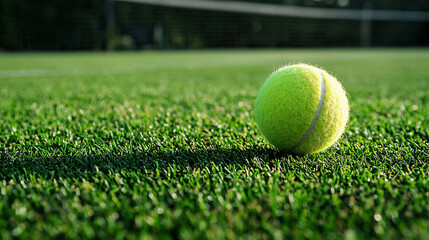 Tennis ball resting on lush green grass court in sunlight