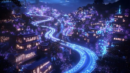 Obraz premium A vibrant, illuminated cityscape with winding roads and lush surroundings at night.