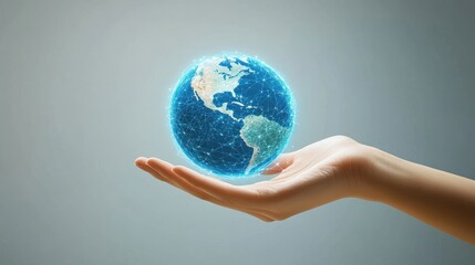 Hand Holding a Networked Digital Globe, Representing Global Connectivity and Sustainability.