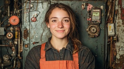 Smiling female mechanic in overalls against industrial background.