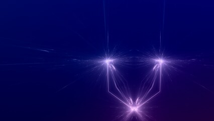 drei sehr helle verbundene Sterne im Weltall mit violetten Lichtstrahlen, schnelles Internet, Lichtgeschwindigkeit, Zentrum, Kontakt, Energie, Universum, Technologie, Wissenschaft, Datenfluss