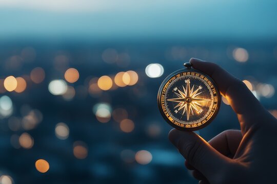Holding a compass against a glowing city skyline at dusk