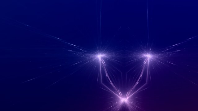 drei sehr helle verbundene Sterne im Weltall mit violetten Lichtstrahlen, schnelles Internet, Lichtgeschwindigkeit, Zentrum, Kontakt, Energie, Universum, Technologie, Wissenschaft, Datenfluss