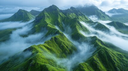 Obraz premium Misty green mountainscape, aerial view.