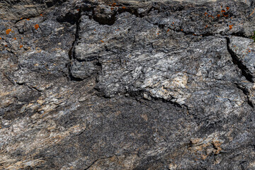 Fragment of a natural stone slab of grey-black color with red moss as a graphic background