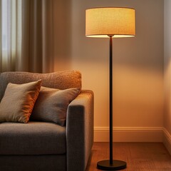 Stylish Floor Lamp with Fabric Shade in Cozy Living Room Ambient Lighting Modern Design Warm Environment Indoor Viewpoint