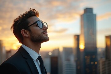 Fototapeta na wymiar Businessman gazes thoughtfully at sunset over city skyline while enjoying the view from rooftop terrace