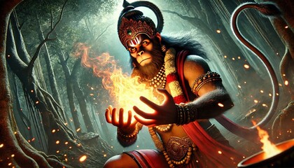 Realstic Hanuman Ji Unleashing Fire Energy In a mystical forest Generative AI, hanuman ji wallpaper Generative AI