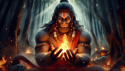 Realstic Hanuman Ji Unleashing Fire Energy In a mystical forest Generative AI, hanuman ji wallpaper Generative AI