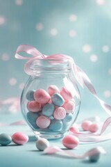 Colorful candy jar filled with pastel candies and decorated with a pink ribbon on a light blue background during