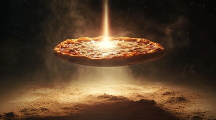 An artistic depiction of a pizza floating mid-air, bathed in radiant light against a dark and atmospheric backdrop, creating a surreal and conceptual food presentation.. AI Generation