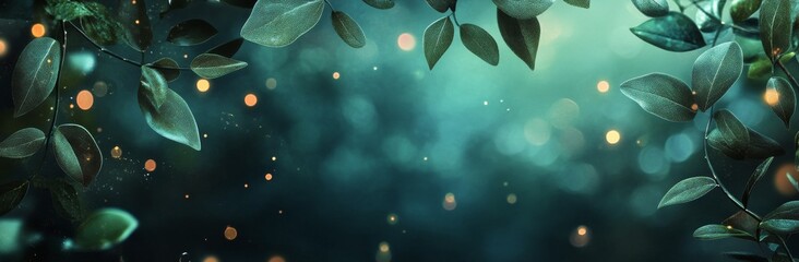 Vibrant green leaves frame a mystical blurred background creating a serene atmosphere suitable for nature-themed