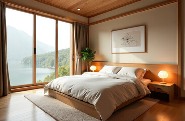 Fototapeta premium bedroom in skyscarper in japanese style