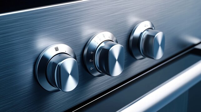 Close-up of stainless steel stove knobs with brushed texture. modern kitchen appliance