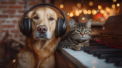 Pet Duet of Golden Retriever and Kitten at Piano with Ambient Lighting : Generative AI