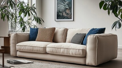 A cozy, modern sofa set in a bright room, accented with decorative pillows and surrounded by leafy plants, evoking a warm, inviting atmosphere.