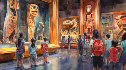 Obraz premium Children exploring vibrant museum exhibit featuring cultural artifacts, including large totem poles and traditional carvings, fostering curiosity and learning in lively environment