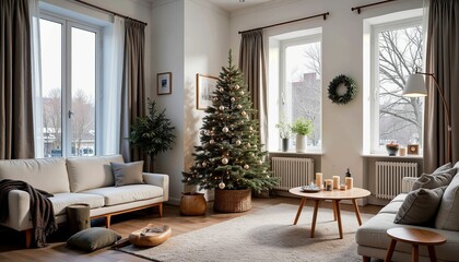 Fototapeta premium Modern Scandinavian Living Room with Christmas Tree, Interior Design Photography