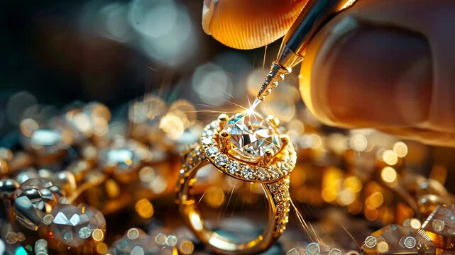 A jeweler sets a diamond into a piece of jewelry. Selective focus. gold.