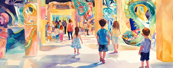 Children exploring vibrant, interactive art exhibit filled with colorful sculptures and creative installations, fostering imagination and education in lively environment