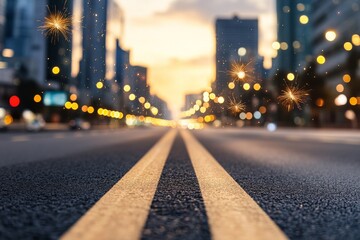 Twinkling lights illuminate a city street at sunset featuring a long view of the road and sparkling...