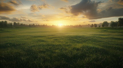 Sunset on a golf course, with the sun's light spreading across the green, creating a peaceful scene.