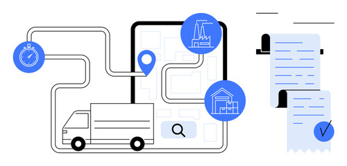 A logistics truck follows a route on a map with icons of a warehouse and manufacturing plant. Beside it, there is a checklist or receipt. Ideal for logistics management, supply chain, route planning