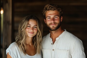 Happy young couple smiling together in a rustic indoor setting during a summer day