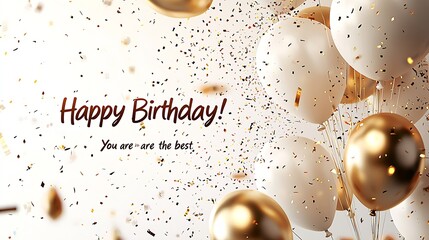 Sophisticated Birthday Celebration With Gold And White Balloons And Confetti : Generative AI