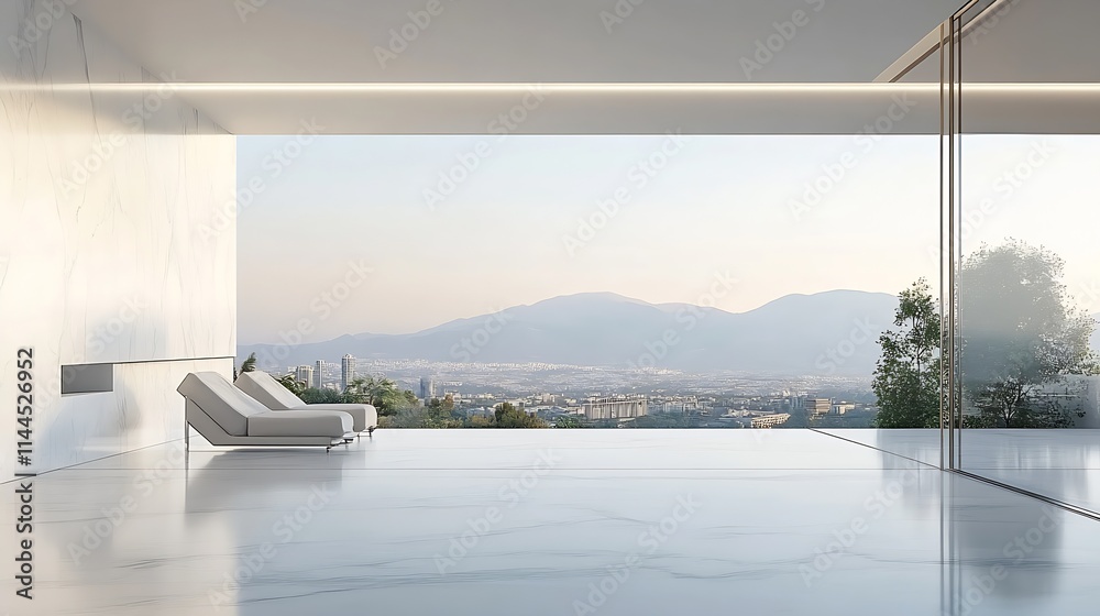 Poster Contemporary Interior Design with Floor-to-Ceiling Window Overlooking Mountains : Generative AI