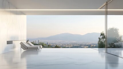 Contemporary Interior Design with Floor-to-Ceiling Window Overlooking Mountains : Generative AI