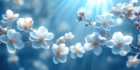 Fototapeta premium White Flowers on Tree Branch Against Blue Sky with Sun Rays and Lens Flare – Springtime Banner Design