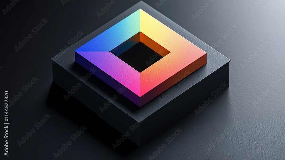 Poster colorful square within a dark square on a dark surface.