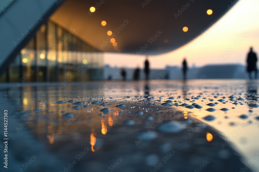 Poster close up of water drops on floor in front of modern architecture building at sunset, walking people,
