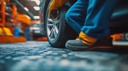Mechanic Inspecting Vehicle Tire Pressure in Auto Shop Setting : Generative AI