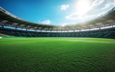 Empty modern stadium with green field, bright sunlight and blue sky.
