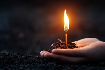 Hand holding a small flame above dark soil during twilight moments of contemplation and reflection