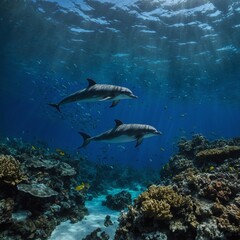 Fototapeta premium A dolphin swimming near a coral reef illuminated by bioluminescent plankton.