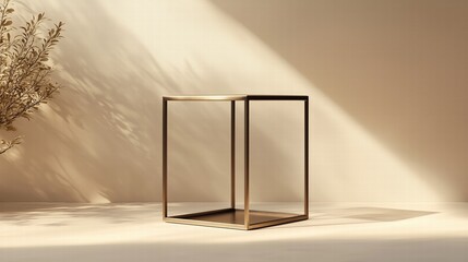 Metallic cube frame with sunlight and shadow effects. Artistic interior decor.