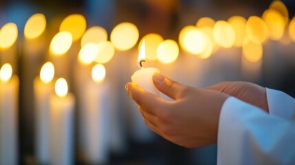 Close-up of priest’s hands lighting candles in a church, symbolizing faith, spirituality, and reverence during a religious ceremony or prayer service, creating a serene and sacred atmosphere