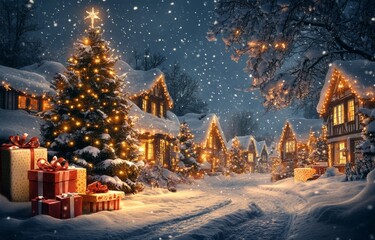 Fototapeta premium Festive winter evening with snow falling on a charming village adorned with Christmas lights and decorations