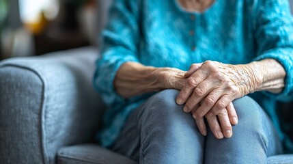 Elderly Woman's Hands Reflecting Arthritis and Muscle Changes in Body, Close-Up of Wrinkled Skin on Couch