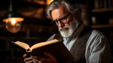 Handsome middle-aged bearded man reading a book in his home under soft lamp light, deeply focused with a shallow depth of field highlighting his eyes, creating a peaceful and contemplative atmosphere